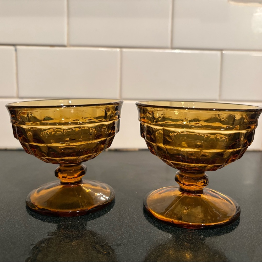 Vintage American Whitehall By Colony Cubist Amber Sherbet Dessert Cup - Set Of 2